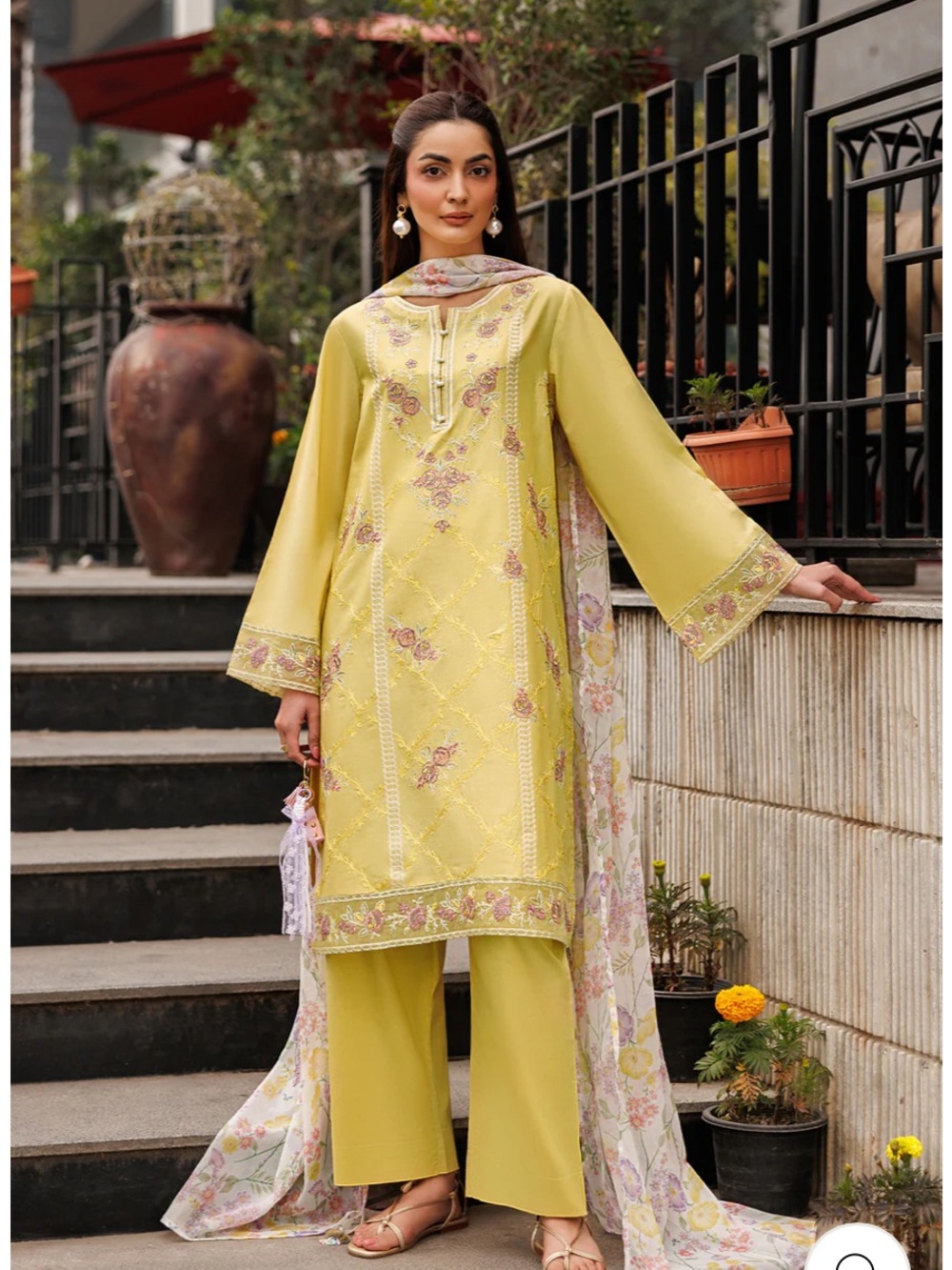 Lime Yellow Embroidered Lawn Suit with Floral Dupatta